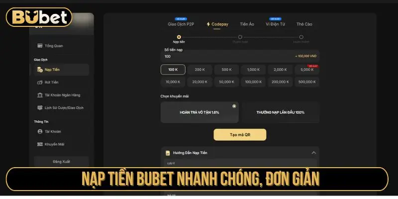 Nạp tiền Bubet nhanh chóng, đơn giản